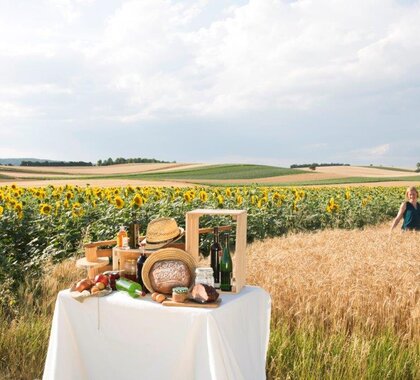 Gedeckter Tisch mit Weinviertel Produkten vor einem Sonnenblumenfeld und einem Getreidefeld, Mensch steht im Hintergrudn