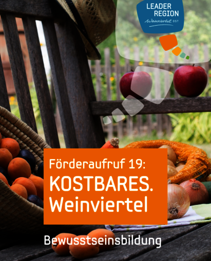 Sujet 18. Förderaufruf KOSTBARES Weinviertel, Obst auf einer Bank mit Weinviertelhut und Beschriftung "Bewusstseinsbildung KOSTBARES Weinviertel" 