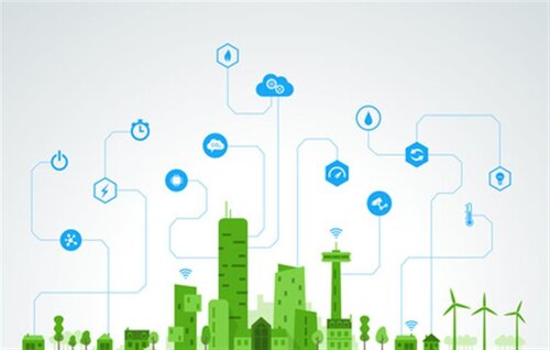 Digitalisierung in Gemeinden eine Grafik von grünen Hochhäusern und blauen Icons in Wolkenform