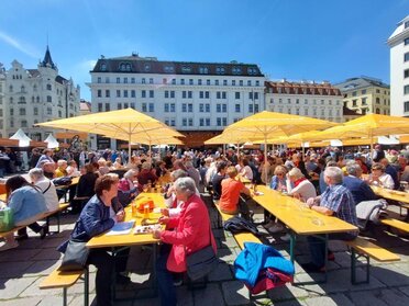 In Wien am Hof fand 2023 das Weinviertel Fest statt. Zu sehen sind viele Personen die an Biertischen sitze, unter orangen Liegestühlen in der Kulisse der Gebäude vom Wiener Hof.