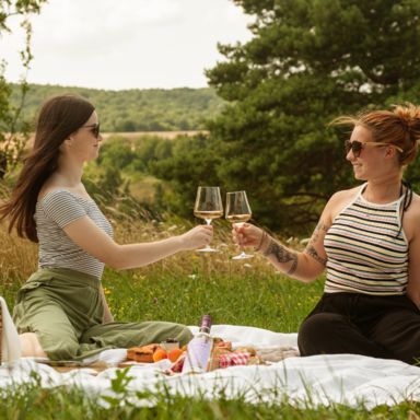 Zwei Frauen stoßen bei einem Picknick im Freien an