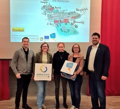 Fünf Personen präsentieren bei einer Veranstaltung den Beteiligungsprozess und Masterplan „Zukunft Pillichsdorf“. Im Hintergrund ist eine Präsentationsfolie mit einer Illustration des Ortszentrums zu sehen.