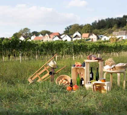 Zu sehen ist eine Gruppe an verschiedenen Produkten aus dem Weinviertel, mit Wein, Zwiebel, Äpfel, Honig, Getreide, Brot, Schinken, Weintrauben und Kürbisse, platziert auf Holzkisten. Ein Weinviertel-Hut mit einer Ratsche. Im Hintergrund ist ein Weingarten und in der Ferne eine Kellergasse zu sehen.