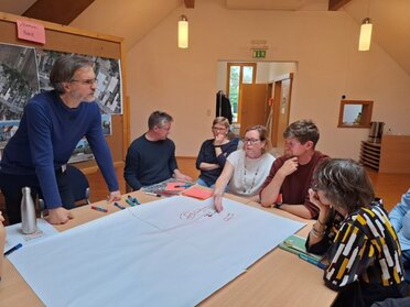 Workshop Masterplan Pillichsdorf Eine Gruppe erarbeitet bei einem Workshop gemeinsam Ideen für den Masterplan Pillichsdorf und hält ihre Vorschläge auf einem großen Plakat fest. Im Hintergrund sind Luftbilder des Ortszentrums zu sehen.