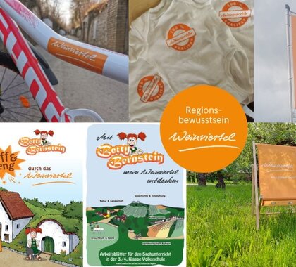 Zu sehen ist eine Collage bestehend aus den verschiedenen Produkten aus dem Weinviertel, wie einem Babybody, dem Geschichtenheft, dem Liegestuhl, der Weinviertel-Fahne, den Schulmaterialien und einem Weinviertel-Aufkleber auf einem Rad.