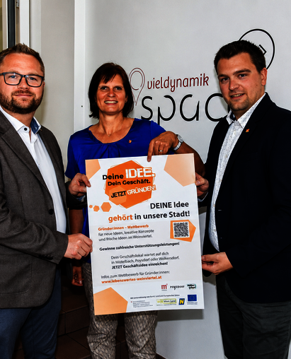 Partner:innen der ARGE Gründerwettbewerb Bürgermeister Erich Stubenvoll (Mistelbach), Bettina Ernst (MIMA) und Vizebürgermeister Michael Schamann (Mistelbach) (c) Stadtgemeinde Mistelbach Partner:innen der ARGE Gründerwettbewerb Bürgermeister Erich Stubenvoll (Mistelbach), Bettina Ernst (MIMA) und Vizebürgermeister Michael Schamann (Mistelbach) (c) Stadtgemeinde Mistelbach
