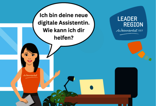 Grafik für den Chatbot, Digitale Assistentin (Frau) shet in einem Büro