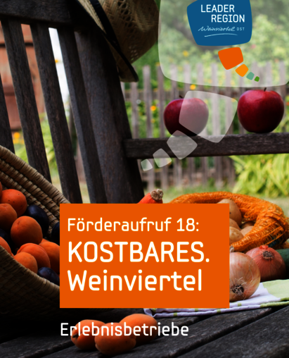 Sujet 18. Förderaufruf KOSTBARES Weinviertel, Obst auf einer Bank mit Weinviertelhut und Beschriftung "Erlebnisbetriebe
