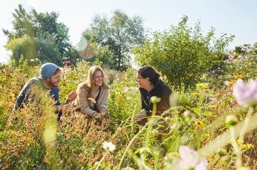Eine Betriebsführung eine Landwirtschaftlichen Betriebes, der Landwirtschaftliche Betrieb führt zwei Personen durch ein Feld und unterhält sich.