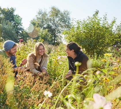 Eine Betriebsführung eine Landwirtschaftlichen Betriebes, der Landwirtschaftliche Betrieb führt zwei Personen durch ein Feld und unterhält sich.